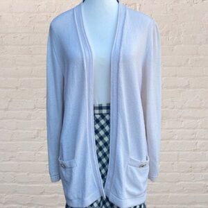 𝅺ST. JOHN BASICS- SANTANA KNIT,CREAM OPEN FRONT LONGLINE CARDIGAN W/ POCKETS